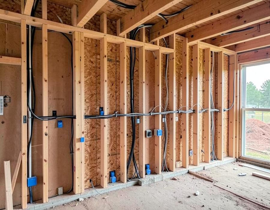 Electrical rough-in wiring in new construction framing