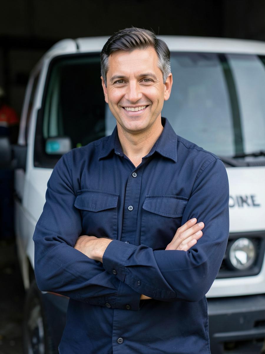 Owner of Dee & R Business Electrical Services standing by the work van