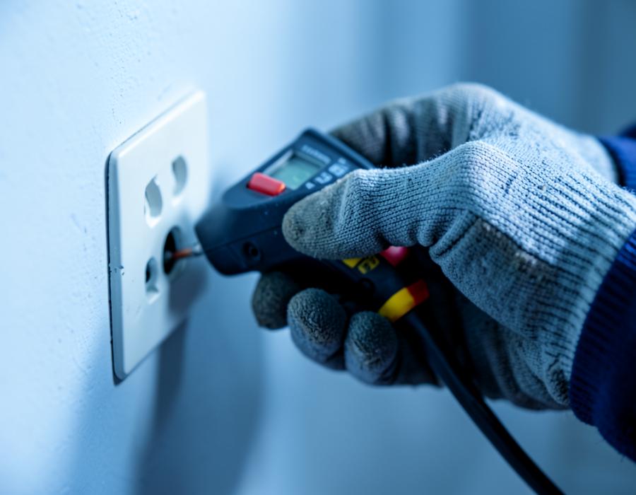 Electrician testing an outlet with a multimeter
